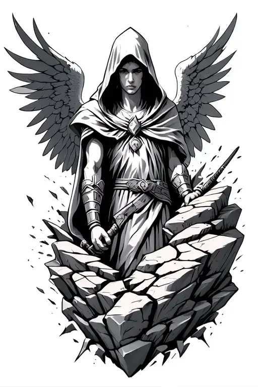 Black-and-grey tattoo design of a hooded angelic warrior emerging from cracked stone. The figure has a solemn, calm face tattoo design idea