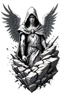 Black-and-grey tattoo design of a hooded angelic warrior emerging from cracked stone. The figure has a solemn, calm face tattoo design idea