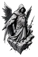 Black-and-grey tattoo design of a hooded angelic warrior emerging from cracked stone. The figure has a solemn, calm face tattoo design idea