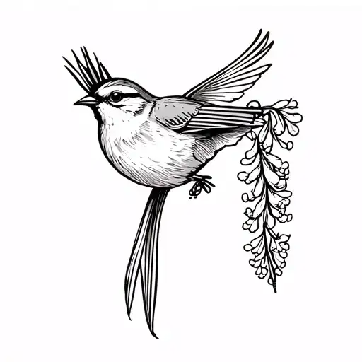 Sparrow flying down carrying hyacinth with its feet tattoo design idea