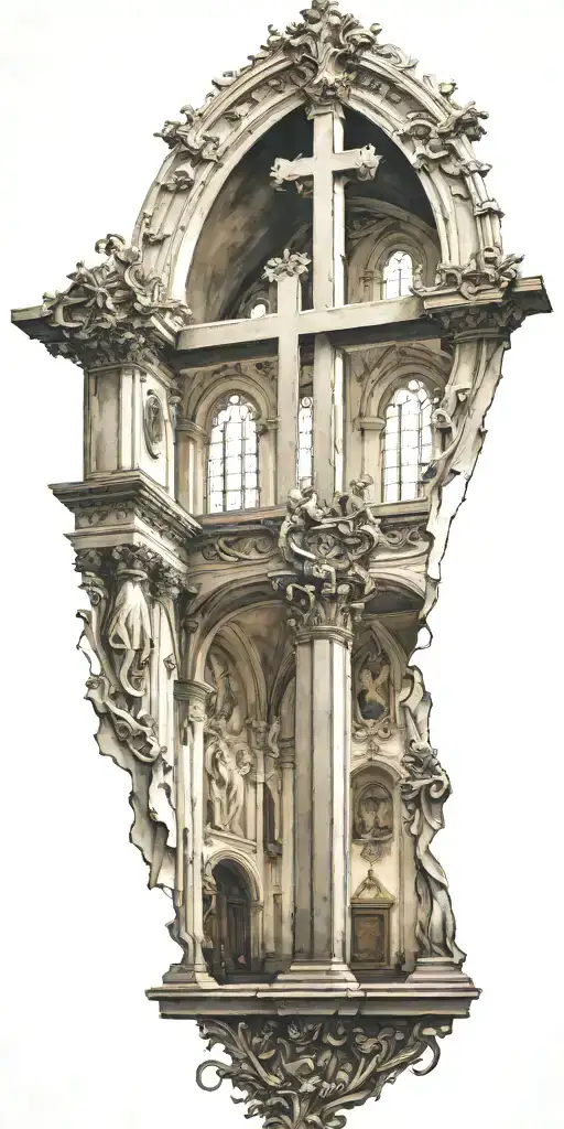 The inside of a catholic church with an upside down cross tattoo design idea