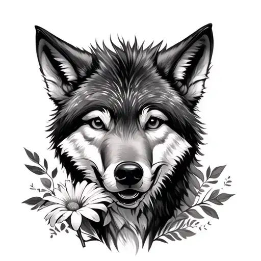 small happy wolf with a flower in its mouth in the style of realism  tattoo design idea
