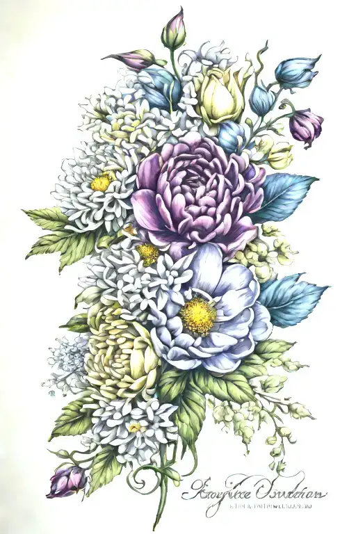 chrysanthemum, peony, daisy, sweet pea, aster, and morning glory bouquet tattoo design idea