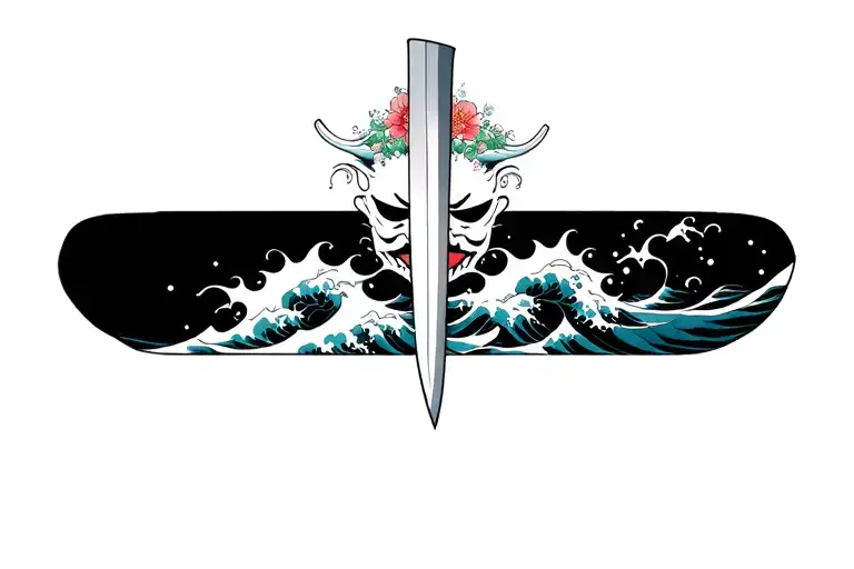 japanese wave with hannya split face mask with knife in the middle with intricate floral hints. hannya mask detailed tattoo design idea