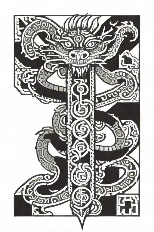 Aztec dragon wrapping around a cross  tattoo design idea