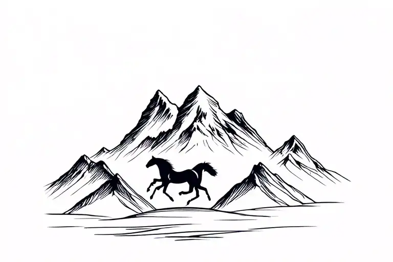 horse running in front of mountain peak tattoo design idea
