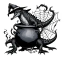 Witch, cauldron, hell hounds, fire, alligators, black, spiders, spells, spider webs, plus size, blue eyes, tattoo design idea