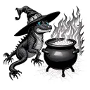 Witch, cauldron, hell hounds, fire, alligators, black, spiders, spells, spider webs, plus size, blue eyes, tattoo design idea