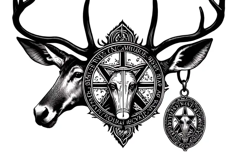 Deer head Saint Benedict Medal tattoo design idea