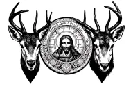 Deer head Saint Benedict Medal tattoo design idea