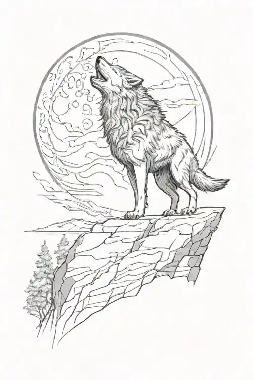 tribal wolf, standing curved body, on a cliff, howling at the moon, one paw up  tattoo design idea