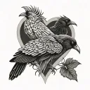Three corvids with bodies that form the shape of a symbolic heart all flying out from a central point tattoo design idea