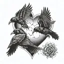 Three corvids with bodies that form the shape of a symbolic heart all flying out from a central point tattoo design idea