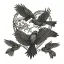 Three corvids with bodies that form the shape of a symbolic heart all flying out from a central point tattoo design idea