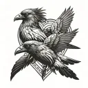 Three corvids with bodies that form the shape of a symbolic heart all flying out from a central point tattoo design idea