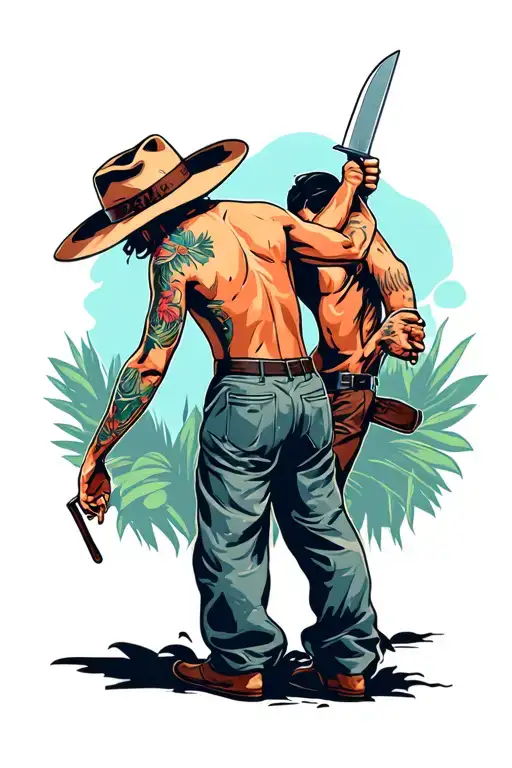 a guy standing with his back turned and wearing a Panama hat on his head, wide pants and a man sticking a knife into his back from behind tattoo design idea