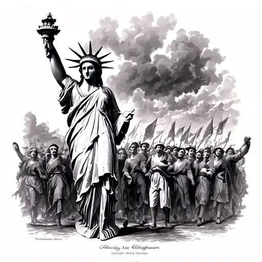 A vintage black-and-white engraving-style illustration of "Liberty Leading the People" by Delacroix, featuring Liberty a tattoo design idea