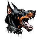 Doberman head in profile with spiked collar, snarling open mouth, dripping saliva, blackwork tattoo style, ultra clean o tattoo design idea