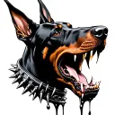 Doberman head in profile with spiked collar, snarling open mouth, dripping saliva, blackwork tattoo style, ultra clean o tattoo design idea