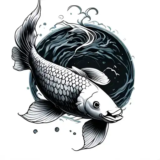 Koi fish on forearm, swimming upward with its tail curling around the outer bicep. include The tori gate arches  tattoo design idea