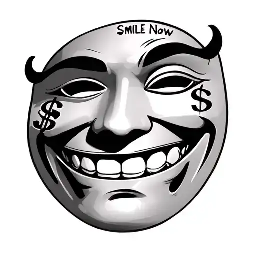 Smile now theatre mask with grillz and a Face tattoo ontop of eyebrow with the name and a cheek tattoo of a dollar sign tattoo design idea