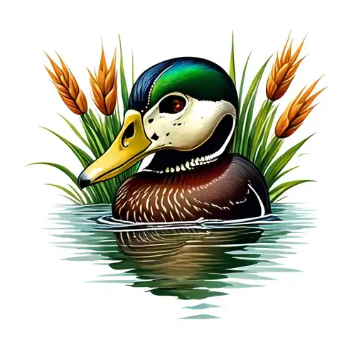 Mallard skull in reeds tattoo design idea