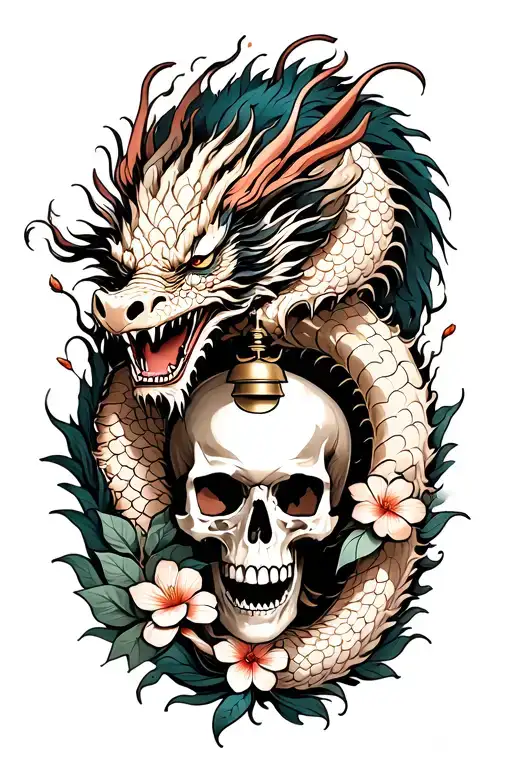 Japanese dragon ripping open to skull and Asian flowers and bell tattoo design idea