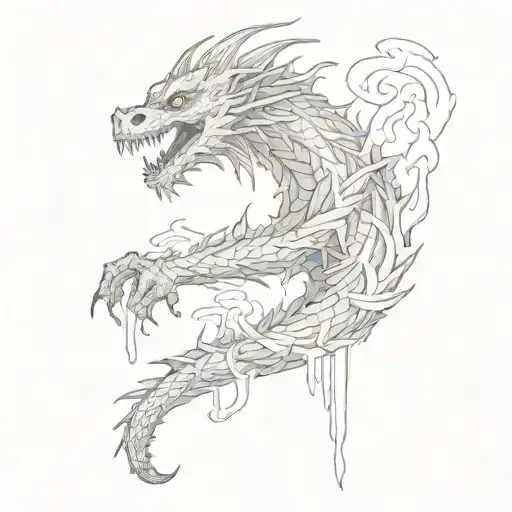 dragon face on top of spine tattoo with Chinese words down to waterfall tattoo design idea