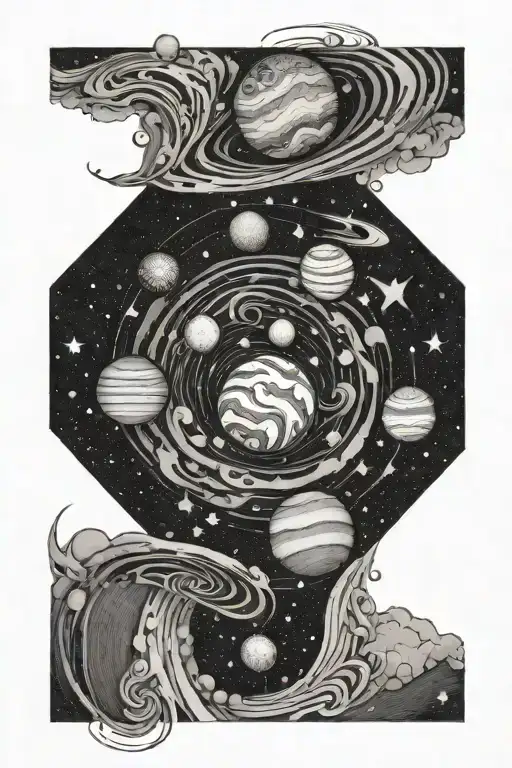 a swirly tattoo with some planets, stars, nebula on the upper right arm going a little over the shoulder tattoo design idea