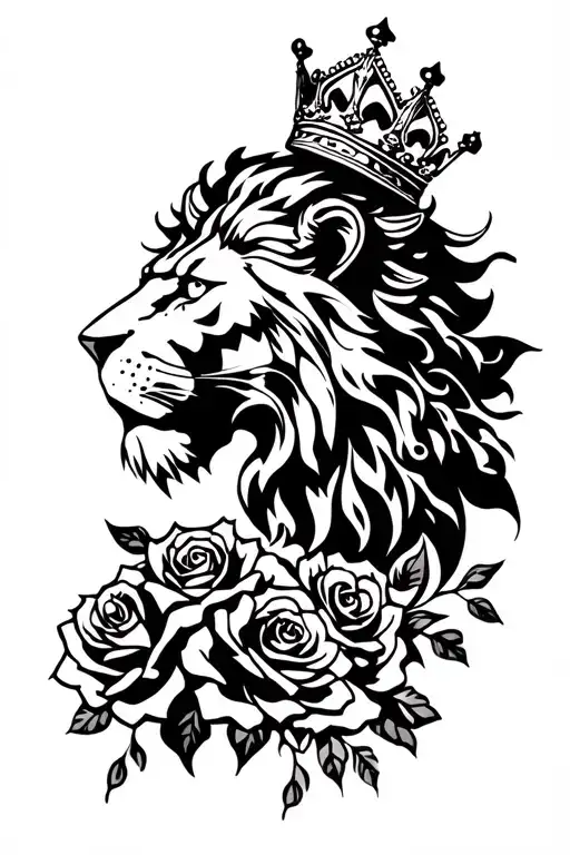 forarm tattoo with roses and a lion wearing a crown tattoo design idea