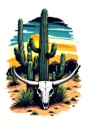 desert setting with large cactus in the foreground with a small bull skull next to it the sun is setting in the backgrou tattoo design idea