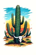desert setting with large cactus in the foreground with a small bull skull next to it the sun is setting in the backgrou tattoo design idea