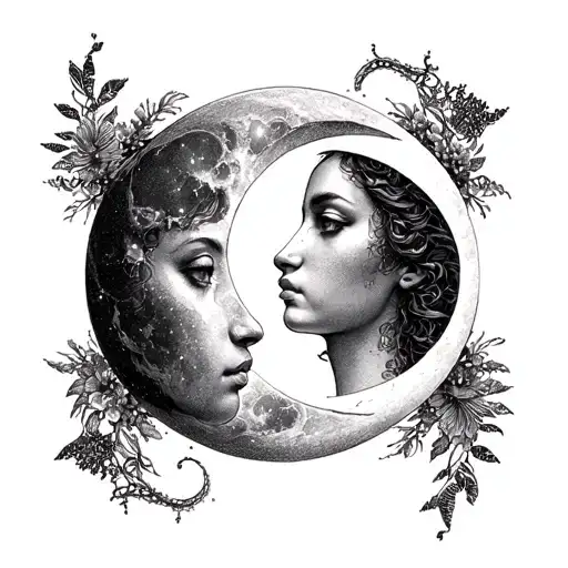 gemini and moon merging together tattoo design idea
