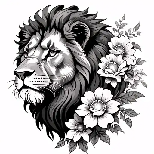lion with flowers and timepiece  tattoo design idea