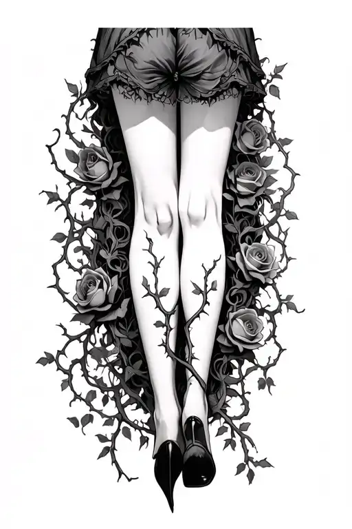 Subtle vines or thorns wrapping around Alice’s legs or rose stems tattoo design idea