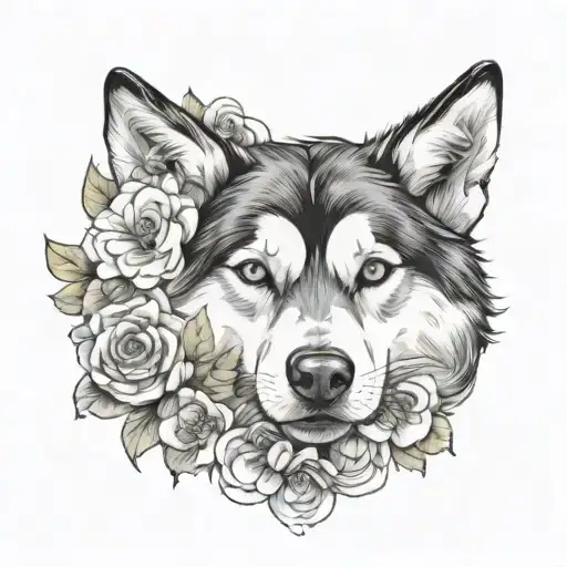 husky face with clouds and flower growing tattoo design idea