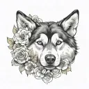 husky face with clouds and flower growing tattoo design idea