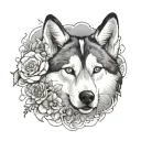 husky face with clouds and flower growing tattoo design idea