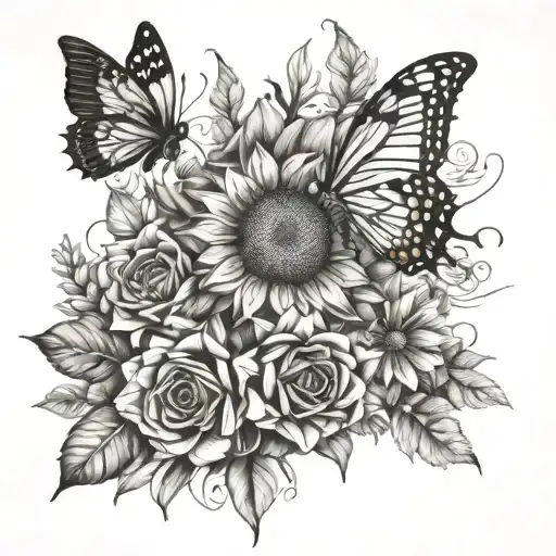 sunflower, dandelion, rose, tulip, lily bouquet with bee and butterfly, oxytocin molecule symbol, divine, vertical shape tattoo design idea