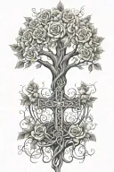 tree of life with lots of roots and leaves, surrounded by roses, with a Christian cross intertwined in the trunk tattoo design idea
