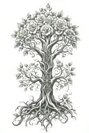 tree of life with lots of roots and leaves, surrounded by roses, with a Christian cross intertwined in the trunk tattoo design idea