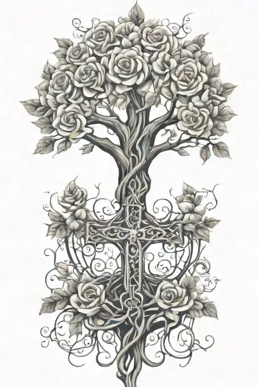 tree of life with lots of roots and leaves, surrounded by roses, with a Christian cross intertwined in the trunk tattoo design idea
