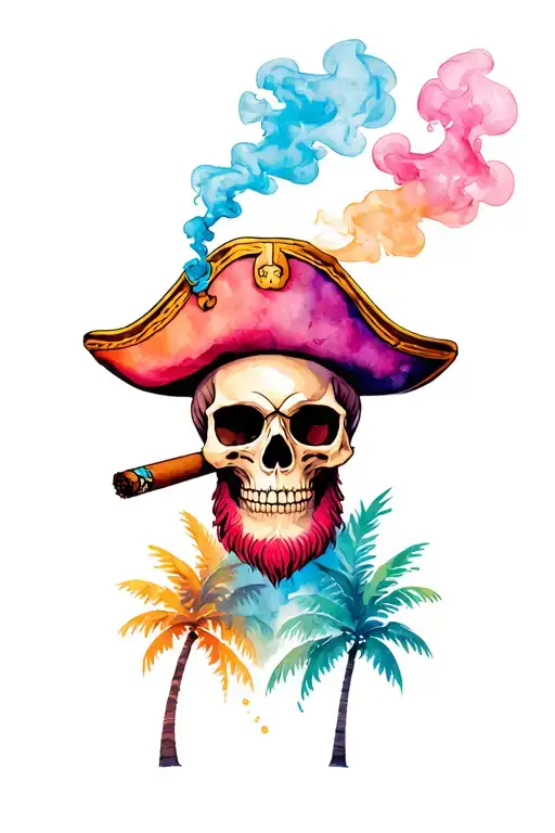 skull with pirate hat with beard smoking a cigar with a palm tree with blue and pink smoke tattoo design idea