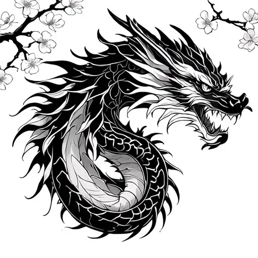 Japanese style Dragon outline with cherry blossoms tattoo design idea