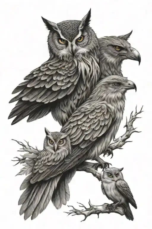 Owl and Wolf and Crow sitting tattoo design idea