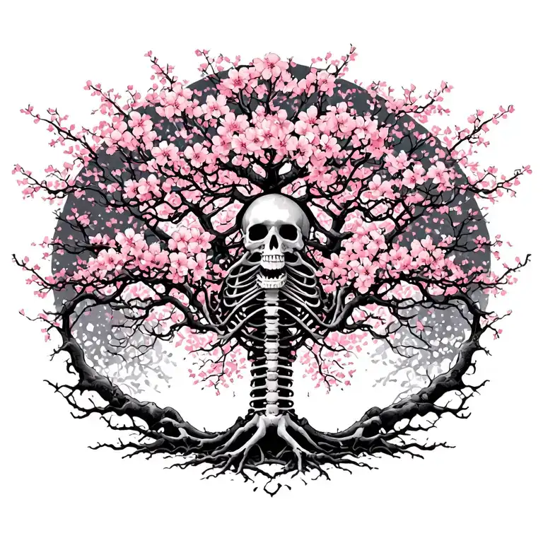 japanise cherry blossom skeleton tree intertwined within tattoo design idea