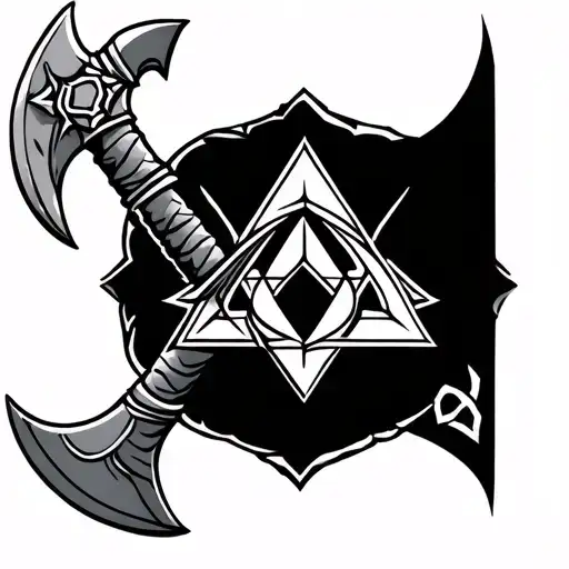 norse style tattoo featuring a valknut symbol and viking axe. sleeve tattoo design idea