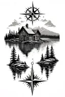design that blends a rustic cabin by a lake with an abstract compass, not realism tattoo design idea