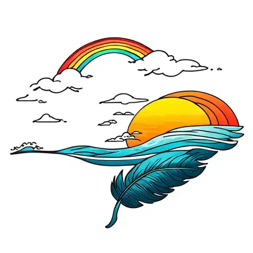 a sunset and ocean water and a rainbow/ white cloud inside a feather tattoo design idea