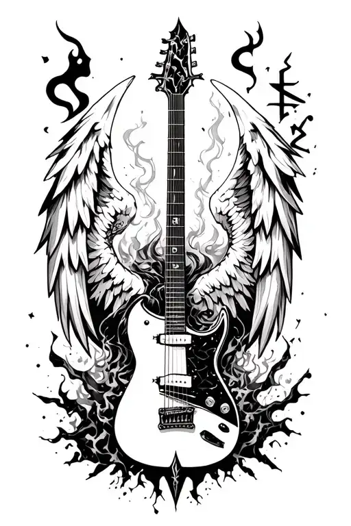 Blackwork: dark angel, guitar, katana, hellhound, broken board, ruins, smoke, chaos runes, hidden knight tattoo design idea